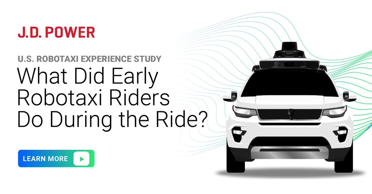 autodata's tweet image. What are the early robotaxi riders actually doing during a ride? 🤖🚗
  
The J.D. Power U.S. Robotaxi Experience Study aggregates takeaways from verified, robotaxi riders. 
 
Learn more 👉🏻hubs.la/Q025n1780