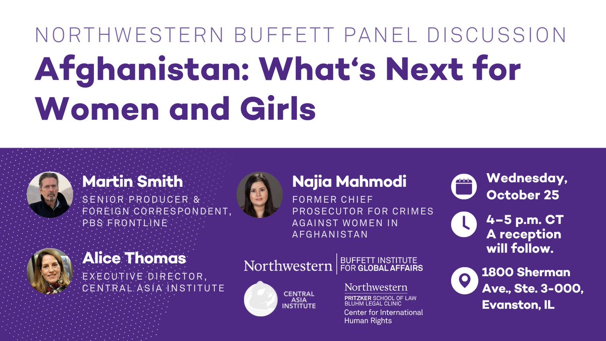 The Taliban reneged on promises to rule justly & respect human rights, imposing harsh restrictions on Afghan women & girls. Join @BuffettInst, @peacethroughed & @CIHR_NULaw for a panel on these challenges. 🗓 Oct. 25 ⏰ 4–5 PM CT 🔗 Register via Zoom: spr.ly/6013uuNc7