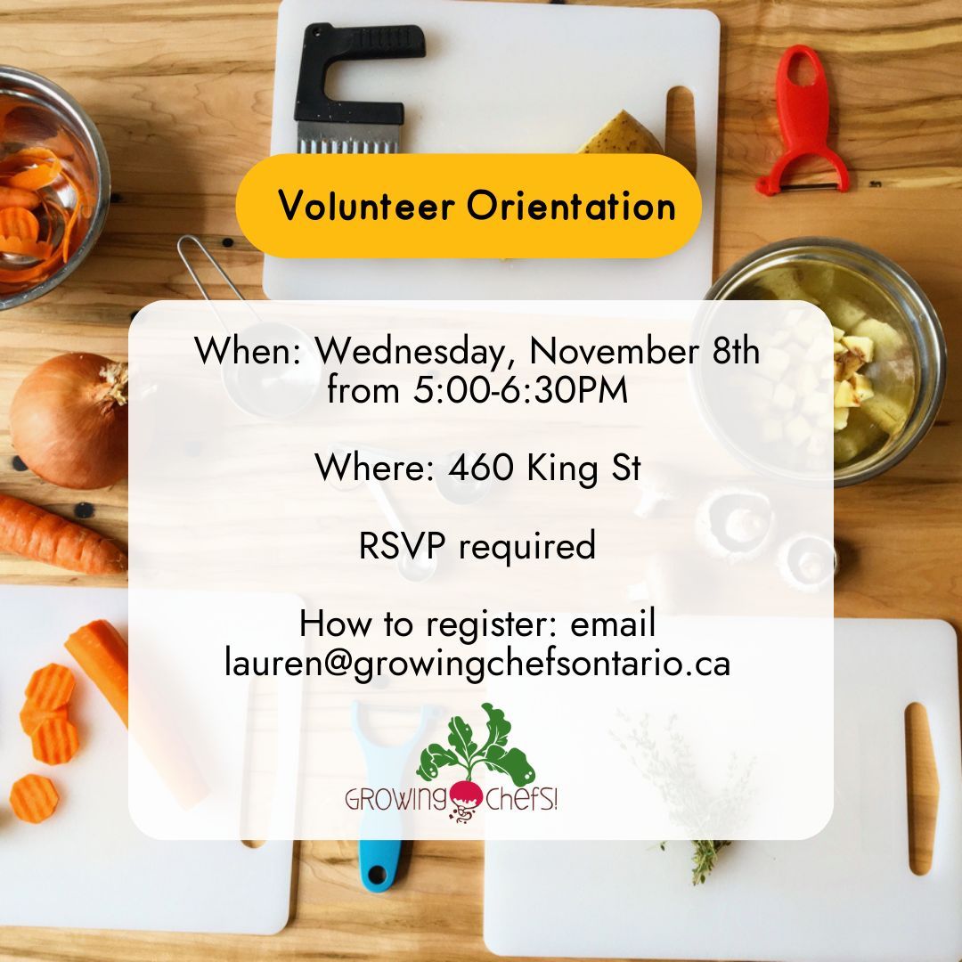 🥕 Join us for our next Volunteer Orientation, Wednesday November 8th! 🥕 

Learn all about how you can be involved with local food education! Contact our Volunteer Coordinator Lauren, at lauren@growingchefsontario.ca, to RSVP!