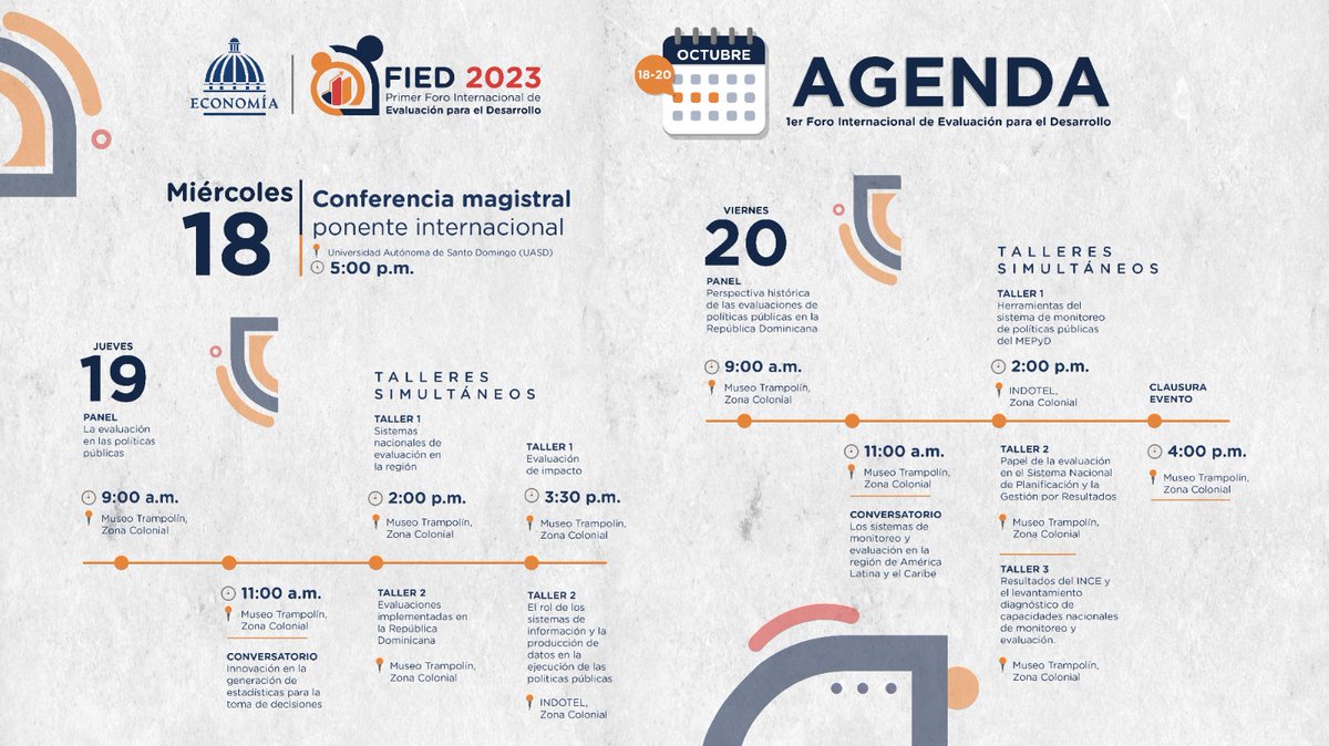 Se acercan los días para el FIED 🙌🏼 y desde @MinEconomíaRD compartimos la agenda de estos tres días.

Recuerda registrarte 👩🏻‍💻 para formar parte de conferencias y paneles sobre la importancia de la evaluación y el desarrollo 👩🏻‍💻.
🔗t.ly/jioGA