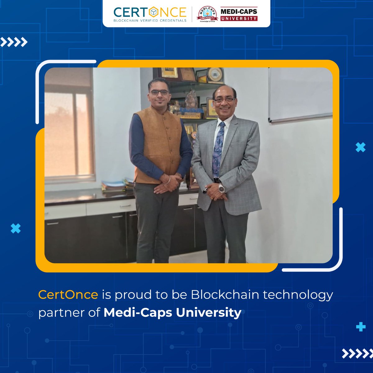 CertOnceInc's tweet photo. We're thrilled to announce an exciting collaboration that's set to transform the way we verify degrees! Medi-Caps University has chosen to join hands with us and harness the power of our #patented blockchain technology to secure their degrees on the blockchain.
#Blockchain https://t.co/dVwa45XzOy