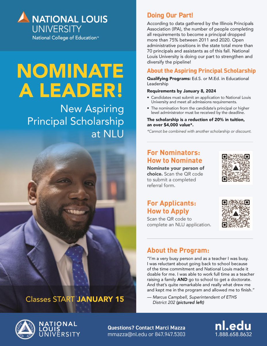 NationalLouisU's tweet photo. Don't forget about our Aspiring Principal Scholarship!

Candidates who receive a nomination will receive a 20% scholarship.

Visit our booth at the IPA Education Leaders Conference this Tuesday, October 18th, to learn more. https://t.co/6GtRuMN9uX