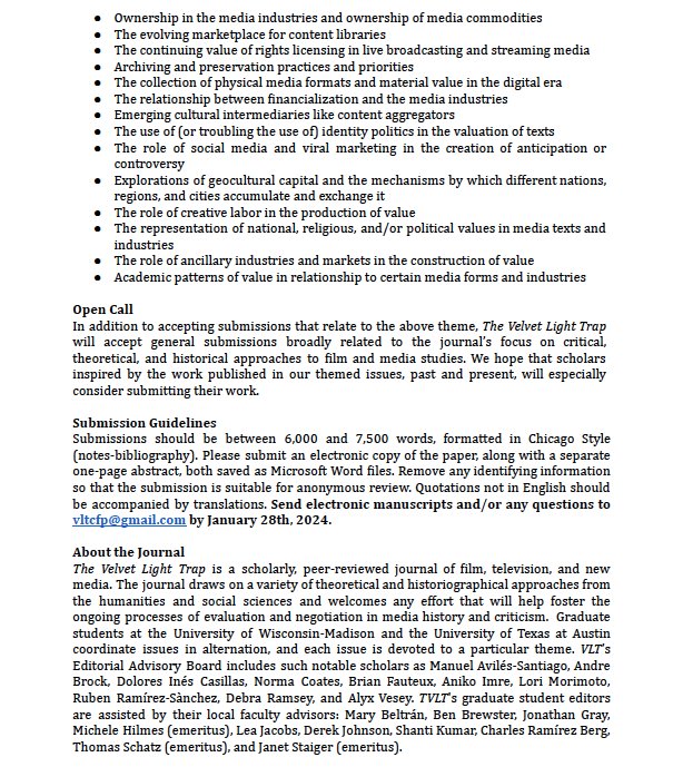 🚨CALL FOR PAPERS🚨

The Velvet Light Trap #95: Media Values

See CFP below for details

Submissions due by January 28, 2024

docs.google.com/document/d/1wO…