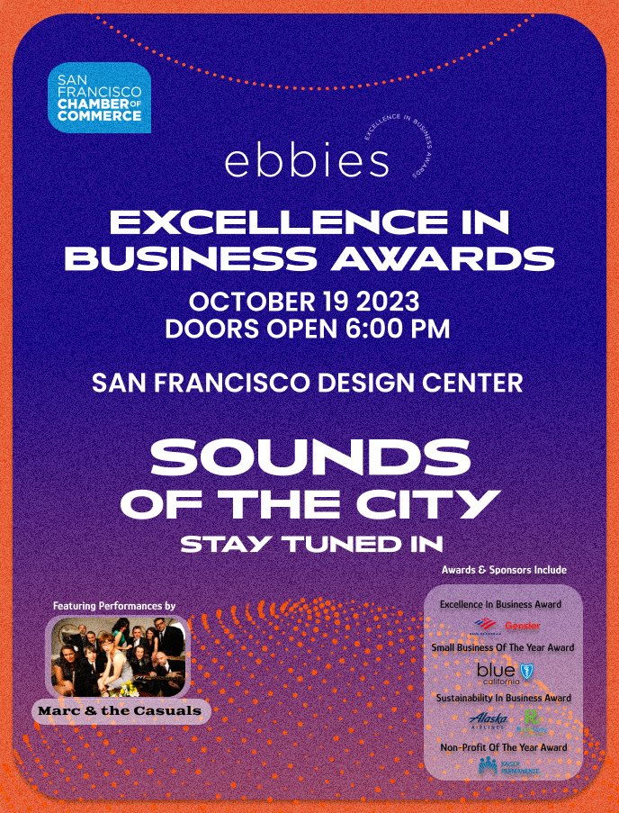 SF_Chamber's tweet photo. ๐ถ The #Ebbies are back, SF! Dive into business excellence & groove with @gofogonaroupa's (@carnavalsf's 6x Parade winner) ๐ค, Hosted by @francofinn at the SF Design Center.
๐ต Register now for an evening of innovation & music ๐: https://t.co/tU9X8E9QmZ #SoundsOfSF #Ebbies2023 https://t.co/1iWy5XsPI5