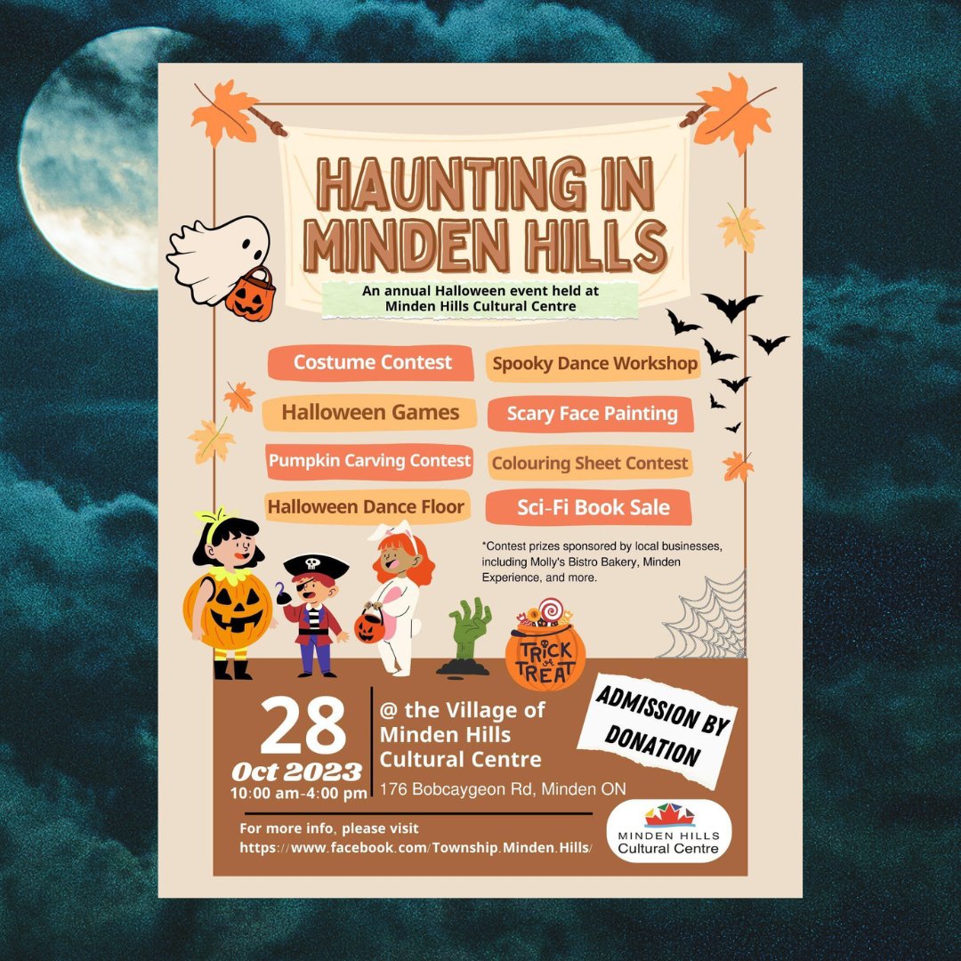 Get ready for a spooktacular time at 'Haunting in Minden Hills' on October 28th! 👻 

Join the fun at the Village of Minden Hills Cultural Centre (176 Bobcaygeon Road, Minden, ON) from 10 AM to 4 PM. 🎃

#HalloweenFestivities #HaliburtonHighlands #Minden #Halloween #GetInvolved