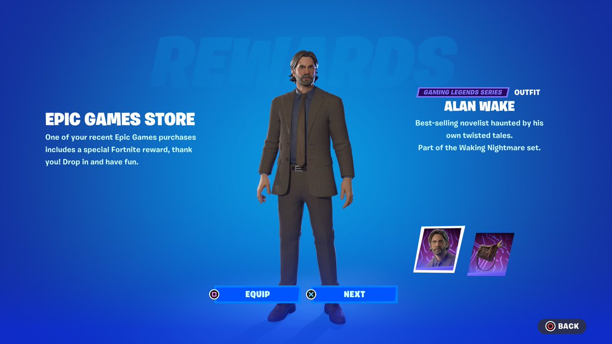 FortniteFNLK's tweet photo. Fortnite Alan Wake Skin Giveaway 

(To get it early, BUY Alan Wake 2 on the epic games store costs $50) 

To Enter: 
❤️♻️ LIKE &amp; RETWEET
📲 FOLLOW @ForkniteStatuss 
🔗 COMMENT “DONE” https://t.co/roa2ZAnysX