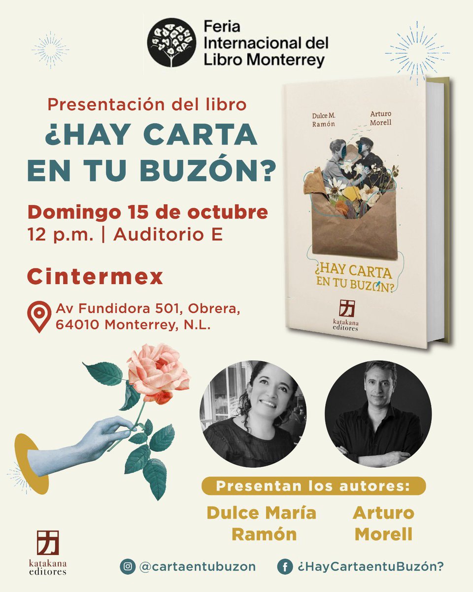 En el marco de la <a href="/FeriaLibroMty/">Feria Internacional del Libro Monterrey</a> los invitamos a la presentación de la novela ¿HAY CARTA EN TU BUZÓN? de <a href="/arturomorell/">Arturo Morell</a> y <a href="/DulceMRamon/">Dulce (Ella)</a> este domingo 15 de octubre a las 12 pm en el Auditorio E.
¡Los esperamos!