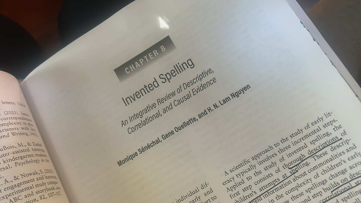 Invented spelling research 
“One worry … that invented spelling might have a pervasive negative impact on accurate spelling and reading however, 

BOTH correlational and training studies reviewed have shown this NOT to be the case.” p 102 (Senechal, Ouellette, Nguyen. 2023) 🇨🇦