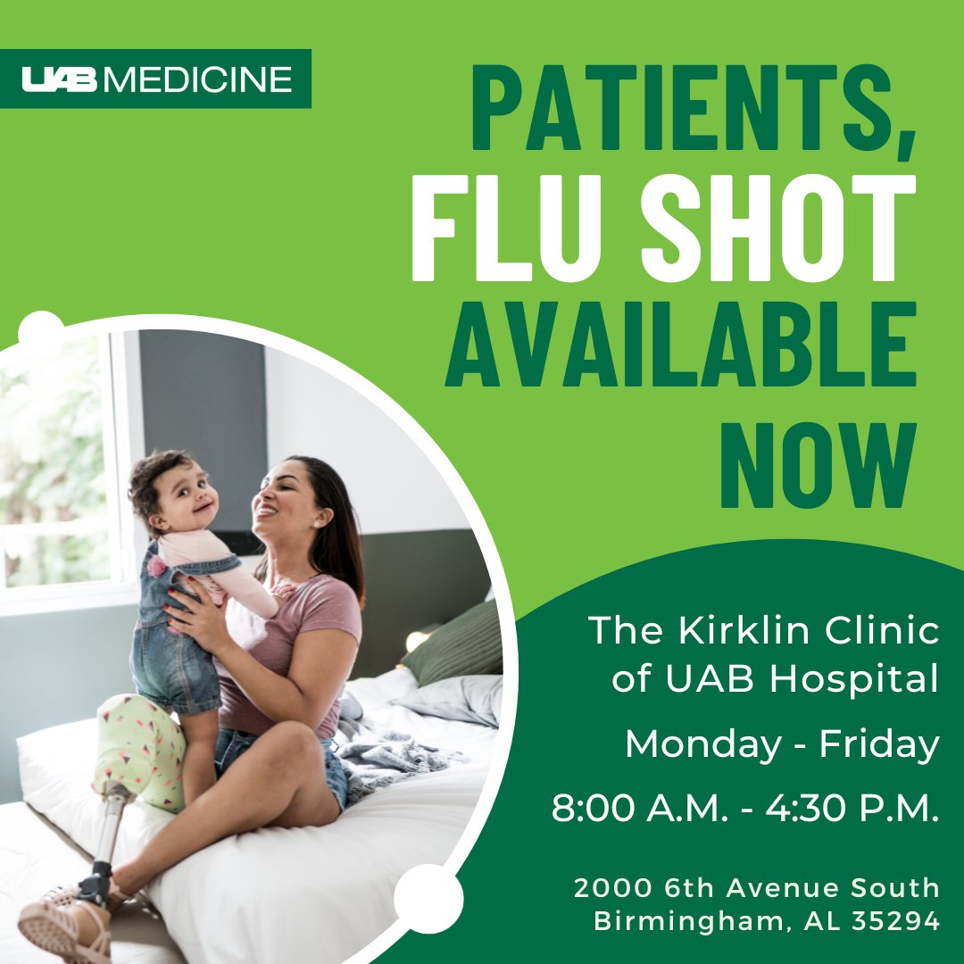 If you have a sick baby, it’s important to protect them by getting your #FluShot. The UAB Injection Clinic on the second floor of The Kirklin Clinic of UAB Hospital offers flu shots for current UAB Medicine patients every weekday from 8:00 a.m. - 4:30 p.m., no appointment needed.