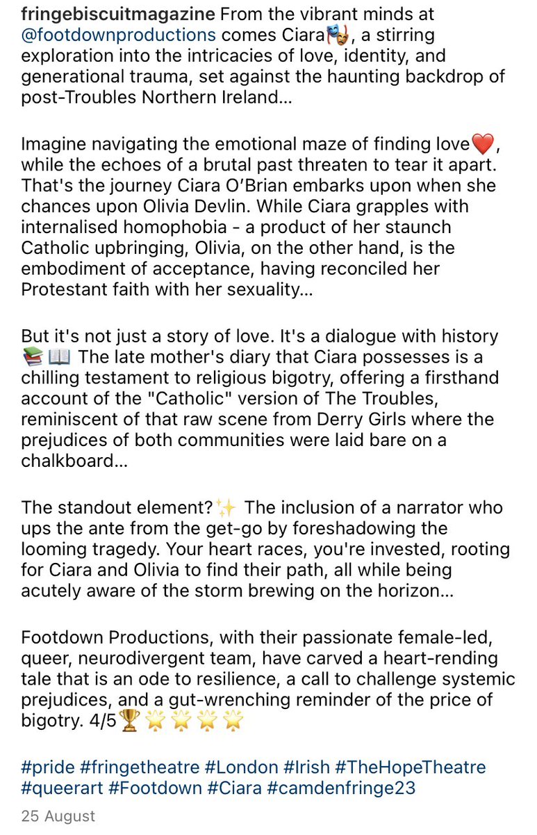 Footdown's tweet image. Your last chance to see Ciara -our final show of the year, the last scheduled performance ever in England 🎭 Performing THIS SATURDAY @ClaphamFringe @BreadandRosesTC 7:00pm Incase you needed any further reason to show up, a reminder of our  🌟🌟🌟🌟review from @fringebiscuit 🇮🇪🏳️‍🌈