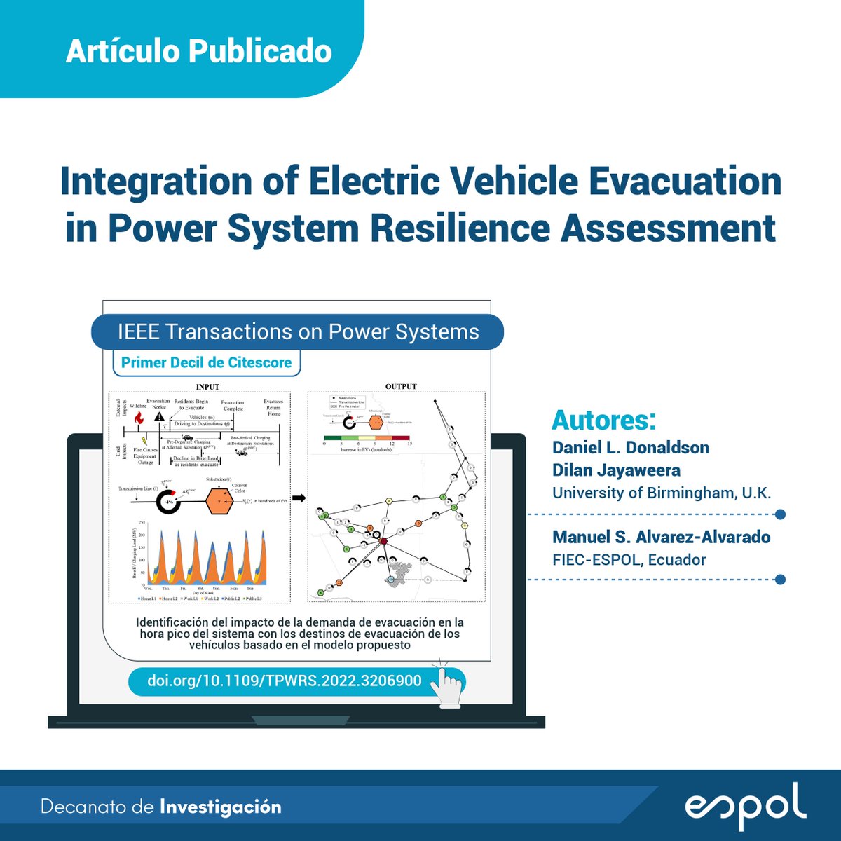 DEC_INV_ESPOL's tweet photo. Destacamos artículo de primer decil que presenta un nuevo modelo matemático para entender el consumo de energía eléctrica durante la evacuación de vehículos eléctricos en caso de presentarse un incendio forestal.

Artículo completo:  https://t.co/4YDcsdCRx1

#ESPOLesCienciam https://t.co/kHdKXXQ4wD