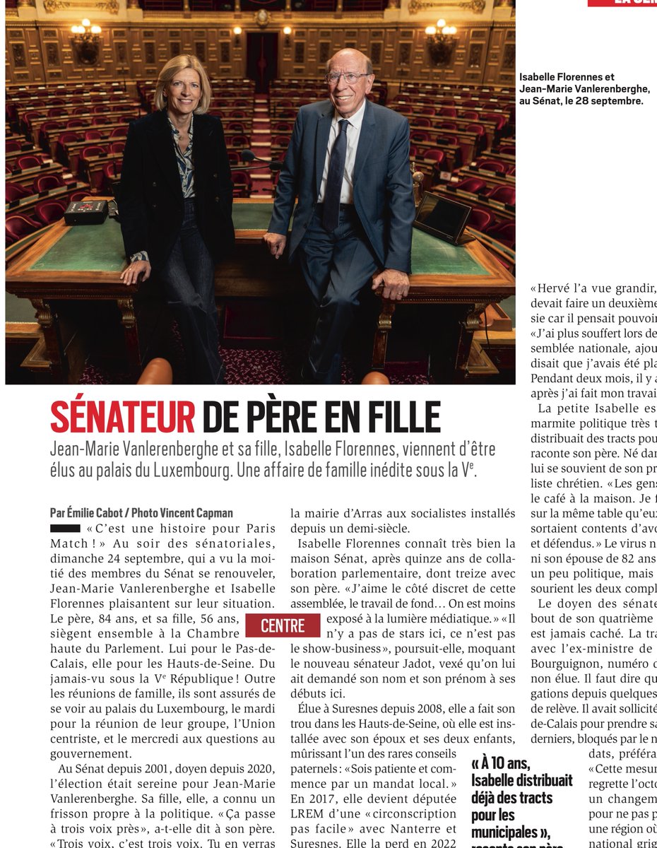 Sénateurs Centristes (@uc_senat) on Twitter photo 🗞️ À lire dans le Paris Match de cette semaine !
"Sénateur de père en fille.
Jean-Marie Vanlerenberghe <a href="/JMV_62/">Jean-Marie Vanlerenberghe</a> et sa fille, Isabelle Florennes <a href="/iflorennes92/">Isabelle Florennes</a>, viennent d'être élus au palais du Luxembourg. Du jamais-vu sous la Ve République." 🗞️ À lire dans le Paris Match de cette semaine !
"Sénateur de père en fille.
Jean-Marie Vanlerenberghe <a href="/JMV_62/">Jean-Marie Vanlerenberghe</a> et sa fille, Isabelle Florennes <a href="/iflorennes92/">Isabelle Florennes</a>, viennent d'être élus au palais du Luxembourg. Du jamais-vu sous la Ve République."