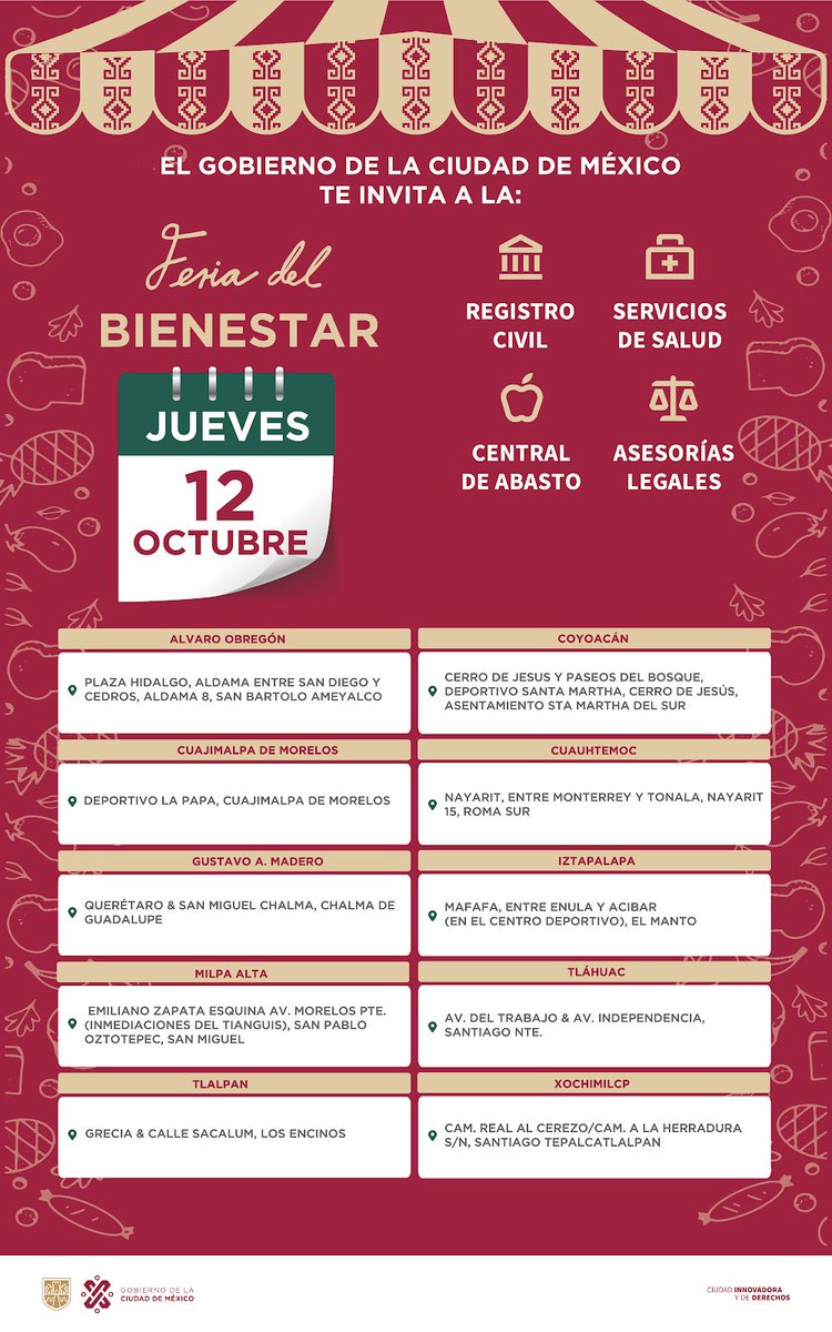 Todos_Somos_PC's tweet image. ¡Buenos días!🌤️☺️

El equipo de Participación Ciudadana de #SIBISO y + de 15 áreas del @GobCDMX y @GobiernoMX te esperamos en las #FeriasDelBienestar, con:

🍏Alimentos a bajo costo
🏙️Atención a unidades habitacionales con @ProsocCDMX
🖨️Impresión de actas

#TrabajamosParaTi
