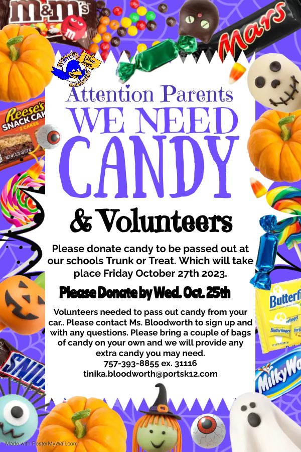 @WESBluejays annual Trunk Or Treat 🎃will be more enjoyable w/candy donations & volunteers like you. #PPSshines @TinikaDawson @bigred4490 @Brenda21580279 @EthelKS58 @JaylynRichard24 @trac_lyn @LadyKarenT @morbull757 @MelCouther @HRRJvirginia