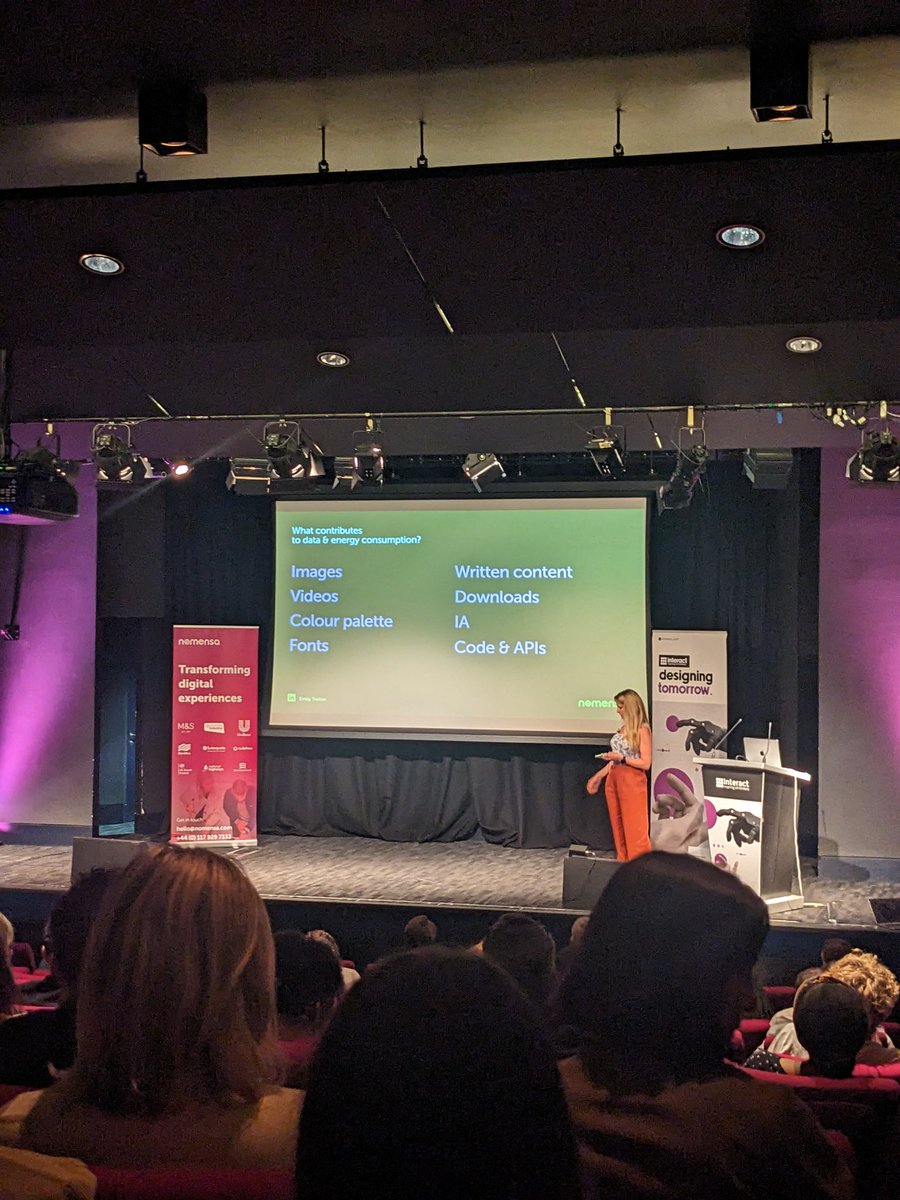 What contributes to data &amp; energy consumption?

👉 Images
👉 Videos
👉 Colour palette
👉 Fonts
👉 Written content
👉 Downloads
👉 IA
👉 Code &amp; APIs

<a href="/EmilyTrotter/">Emily Trotter 🌍🌿🖍✌️</a> <a href="/we_are_Nomensa/">Nomensa</a> #InteractLDN #UX #UXDesign #Design #UserExperience