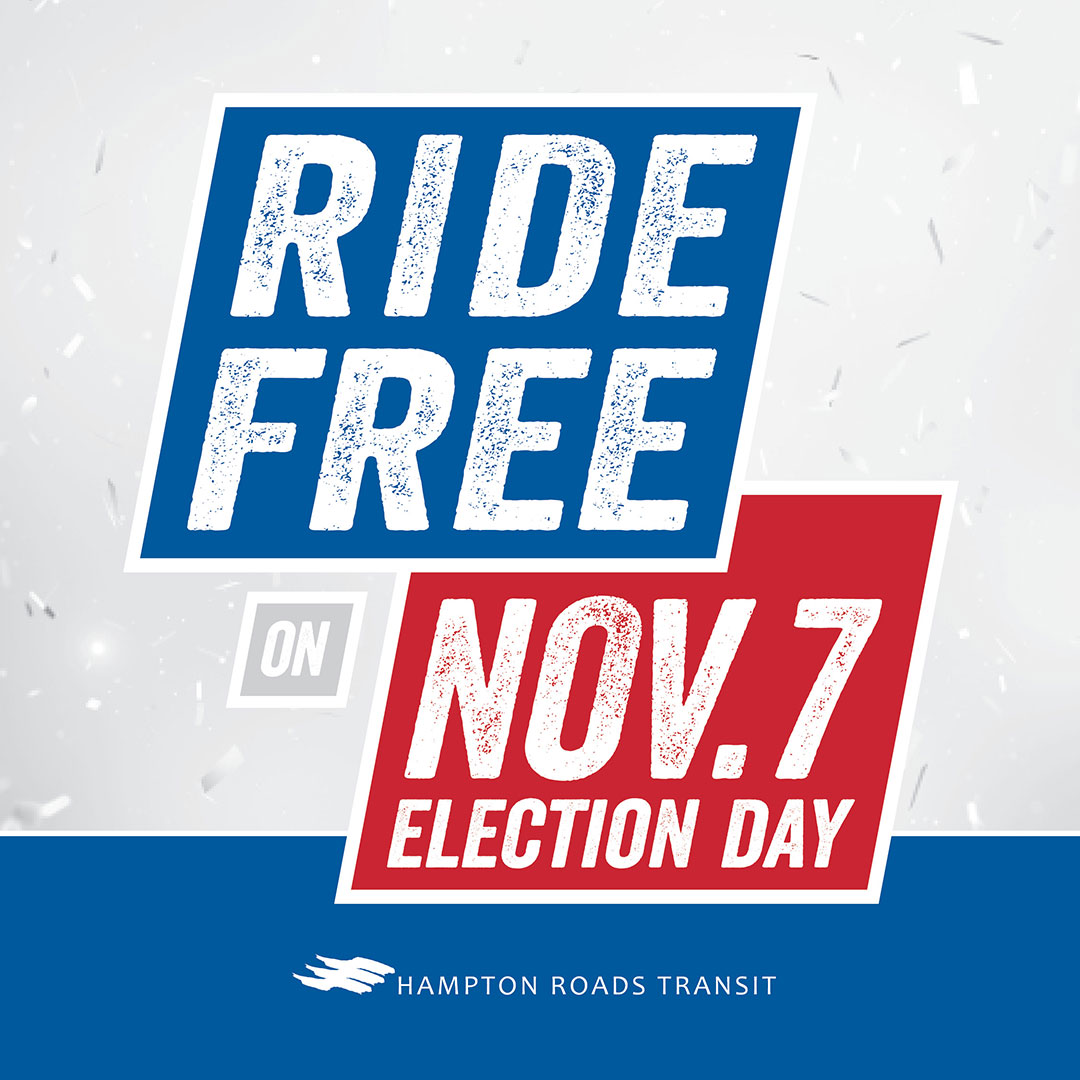 Election Day is coming up! How are you getting to your polling place? Try Transit! With Hampton Roads Transit, everyone #ridesfree on Election Day. 🗳 To plan your trip to your polling place, visit gohrt.com