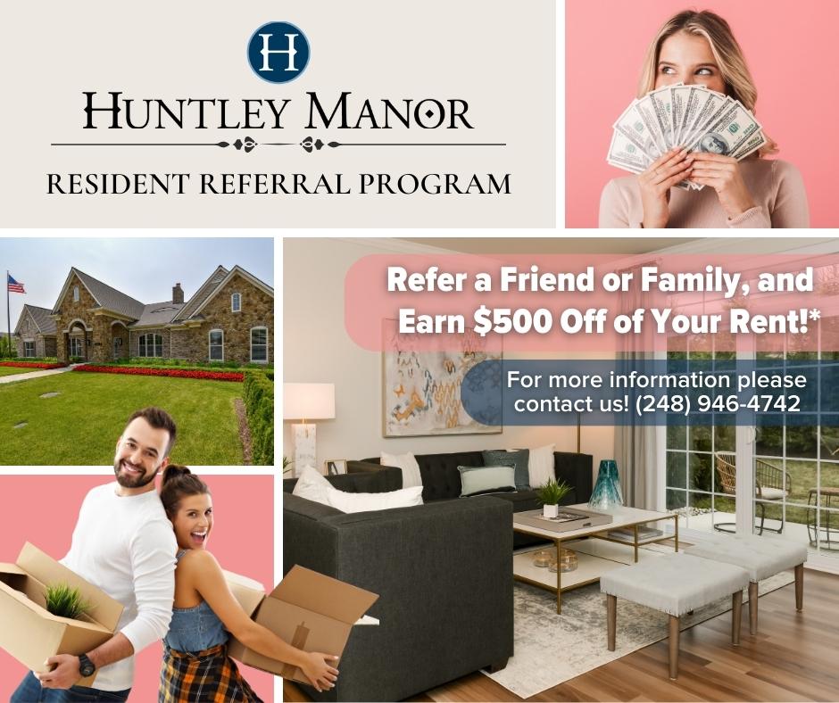 🏡 Join our Huntley Manor community in Novi, MI! ❤️
Refer a friend, family, or coworker to Huntley Manor, and you could get $500 off your rent! 💸✨ Spread the love for Huntley Manor! 🙌
Contact us at (248) 946-4742 for details. 😄
#HuntleyManor #NoviMI #ReferralProgram