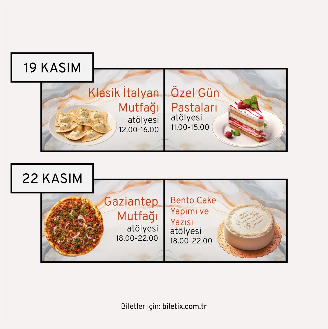 Kasım ayında mutfak başkadır 🍁👩‍🍳🧑‍🍳🍁

Mutfağa dair becerilerinizi geliştirebileceğiniz Dünya Mutfağından Yöresel Türk Mutfağına kadar birçok keyifli mutfak atölyemize bekliyoruz. 

Detaylı bilgi ve kayıt için ☎️ 0530 788 75 33

Biletler Biletix’de 🎫