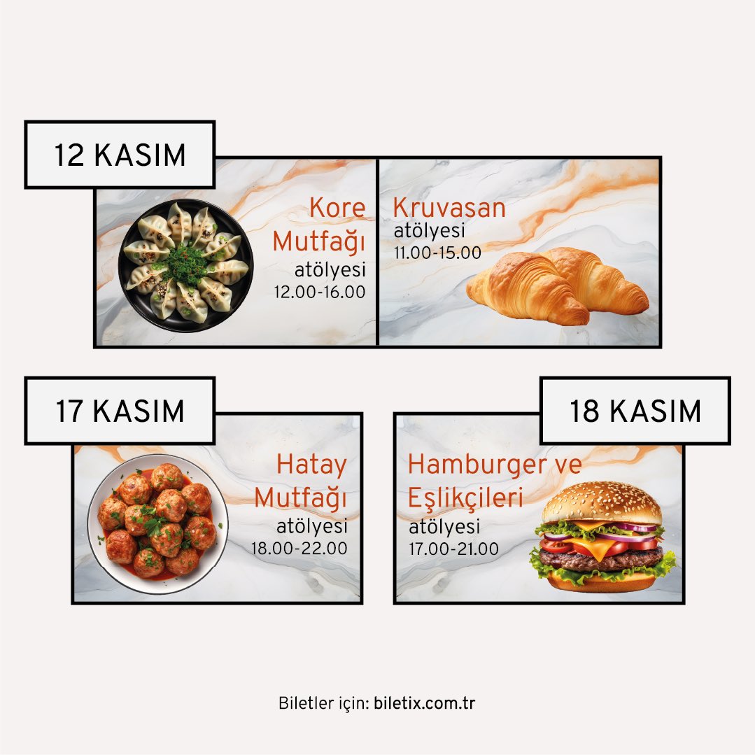 CookingClassA's tweet photo. Kasım ayında mutfak başkadır 🍁👩‍🍳🧑‍🍳🍁

Mutfağa dair becerilerinizi geliştirebileceğiniz Dünya Mutfağından Yöresel Türk Mutfağına kadar birçok keyifli mutfak atölyemize bekliyoruz. 

Detaylı bilgi ve kayıt için ☎️ 0530 788 75 33

Biletler Biletix’de 🎫 https://t.co/uHXZVxCMQD