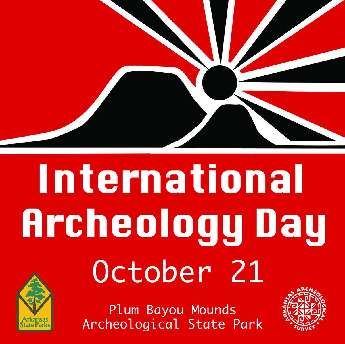 Oct 21st at Plum Bayou Mounds Arch State Park. Parkeology, a collab between AR State Parks &amp; ARAS! Tours &amp; activities to celebrate #IAD! Interpreters and archs will walk you through setting up for a precontact feast. Tours: 9:45 – 11 am &amp; 3 - 4:15 pm. Call 501-961-9442 to reserve