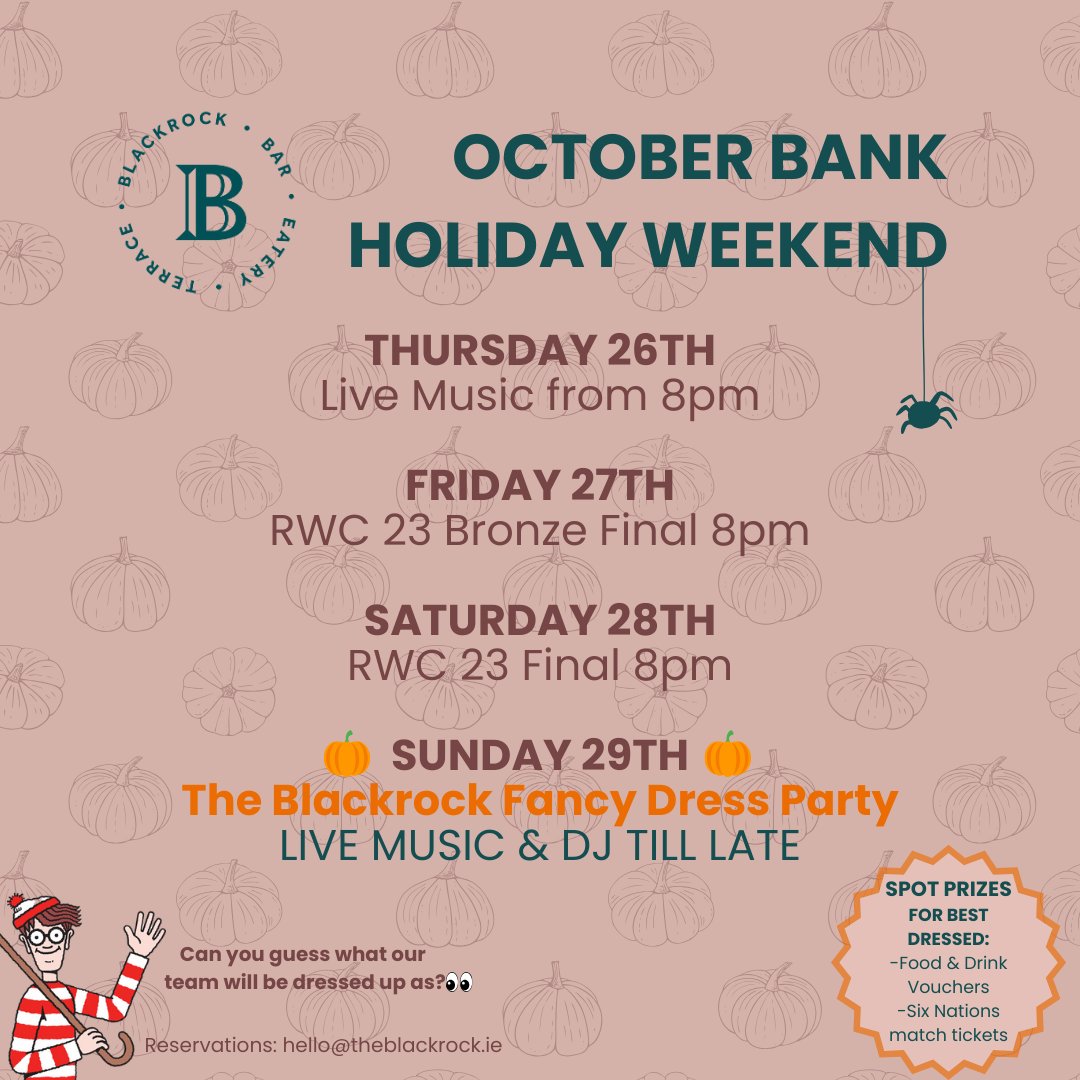 The October Bank Holiday Weekend is fast approaching and we have an amazing lineup planned 🎃 Join us for live music, Rugby World Cup match days, cocktail specials and of course, our Fancy Dress Party with more live music, DJ till late and spot prizes for best dressed 👻
