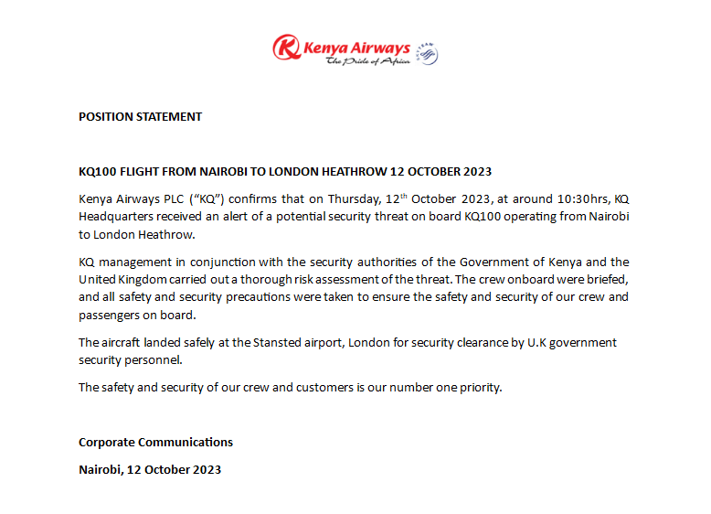 KenyaAirways's tweet photo. POSITION STATEMENT: KQ100 FLIGHT FROM NAIROBI TO LONDON HEATHROW 12 OCTOBER 2023 https://t.co/YjcArk4SBq