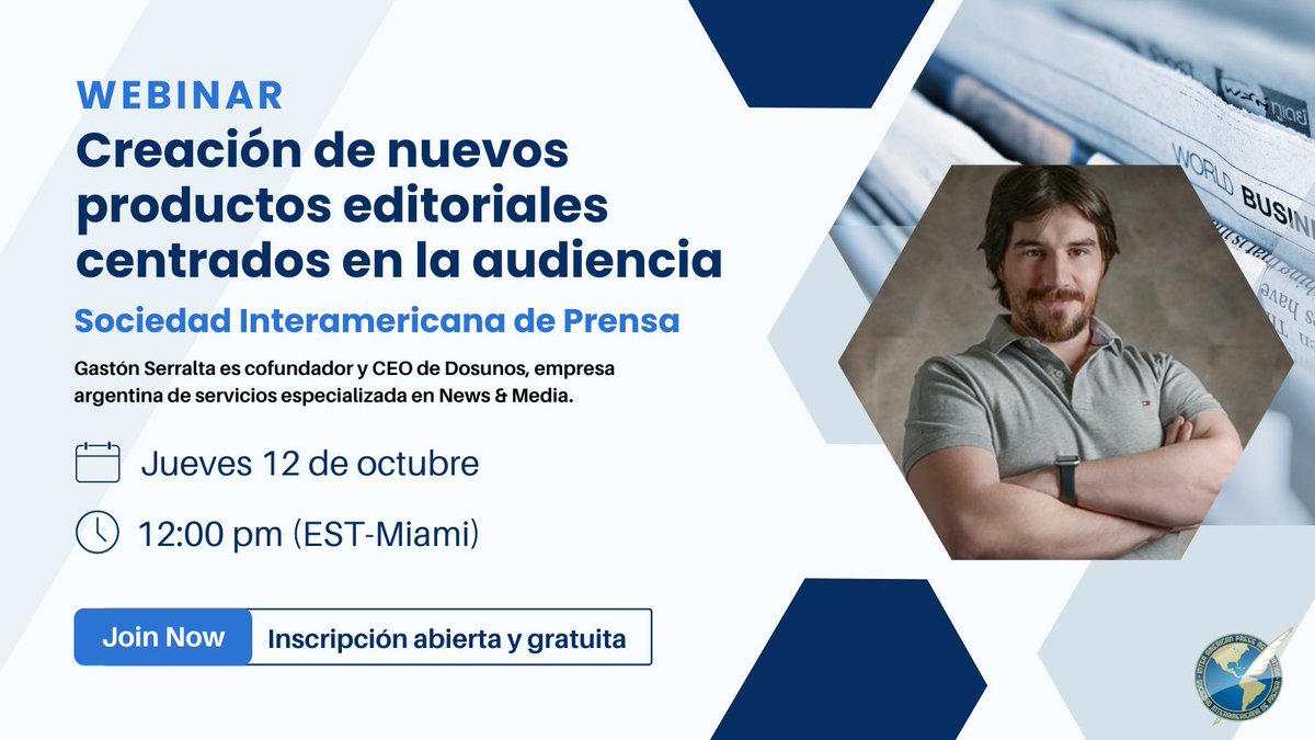 🔵📣#HOY - En unos minutos comienza el #webinar titulado “Creación de nuevos productos editoriales centrados en la audiencia”, a cargo de <a href="/gserralta/">Gaston Serralta</a> (<a href="/dosunos/">Dosunos</a>). 

🔗 Inscríbase aquí 👉🏼 us02web.zoom.us/webinar/regist…