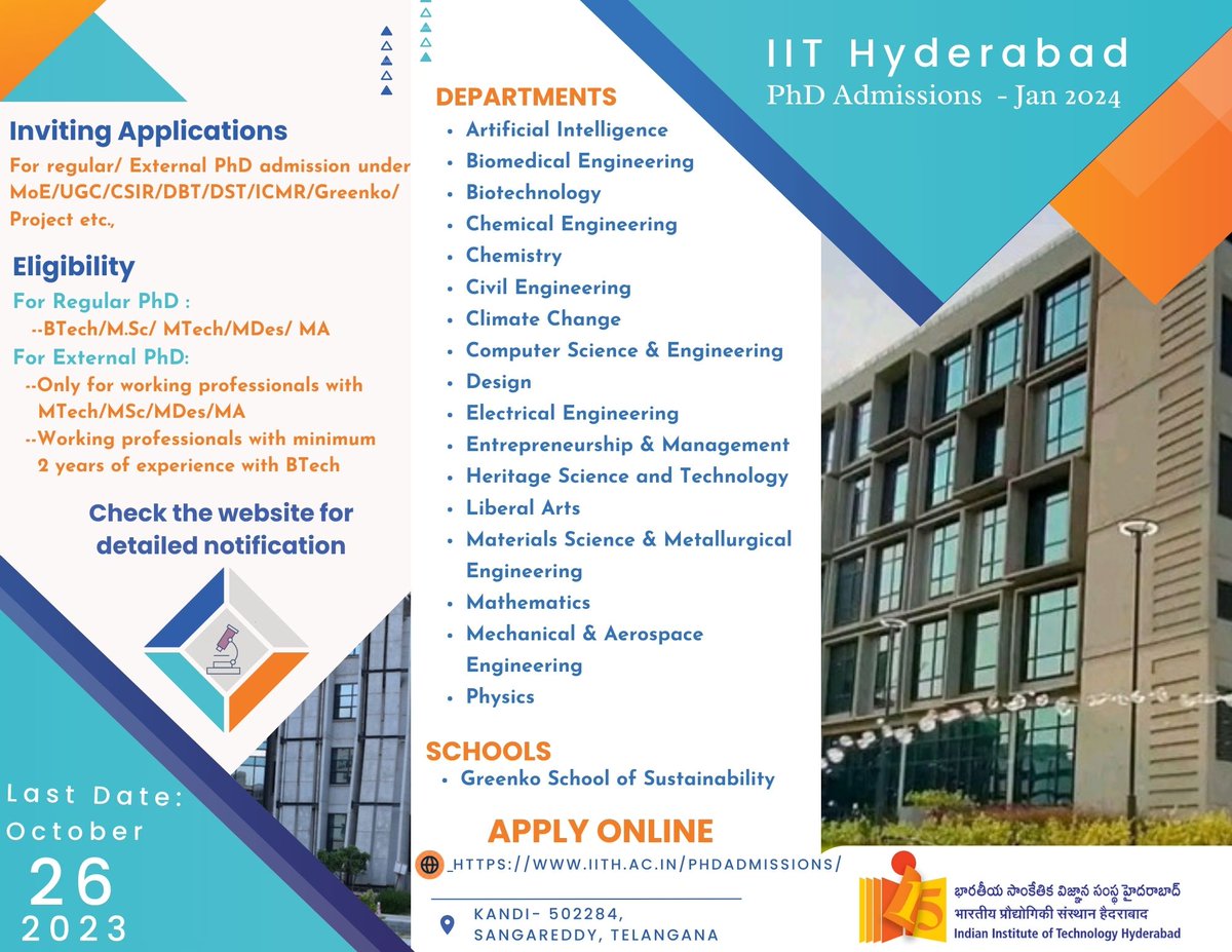 #IITHPhDAdmission!

Ready to take your academic journey to the next level?

<a href="/IITHyderabad/">IIT Hyderabad</a> is now accepting applications for #PhD programs.

For more info and to apply, click here: iith.ac.in/phdadmissions/

Last Date: October 26, 2023

#IITHPhDAdmissions #ResearchOpportunities