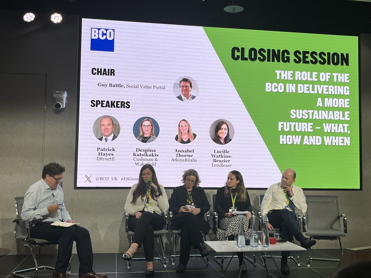 Closing session discussing the role of the BCO in delivering a more sustainable future #ESGconference

Thank you to @Arup, Bureau Group, @LOM_architects, @TroupBywaters, @Cundall_Global, @TFTConsultants, @MLA_Ltd, Multiplex, @ScotchPartners, @hoarelea @StrideTreglown #bcoesg2023