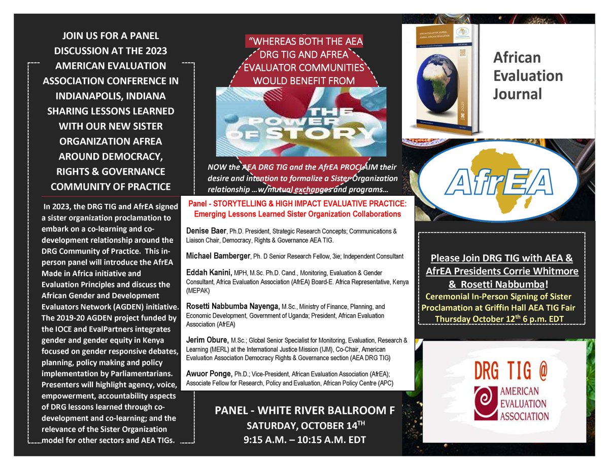 AeaDrg's tweet photo. Join us for a ceremonial in-person signing of the Sister Org Proclamation at #eval23 with @aeaweb Pres. Corrie Whitmore &amp; Exec. Dir. Anisha Lewis &amp; @tweet_afrea Pres. Rosetti Nabbumba tonight Griffin Hall at our TIG Table 6 p.m.!  Also join us Sat. for sharing of lessons learned! https://t.co/8zbUPF7CQn