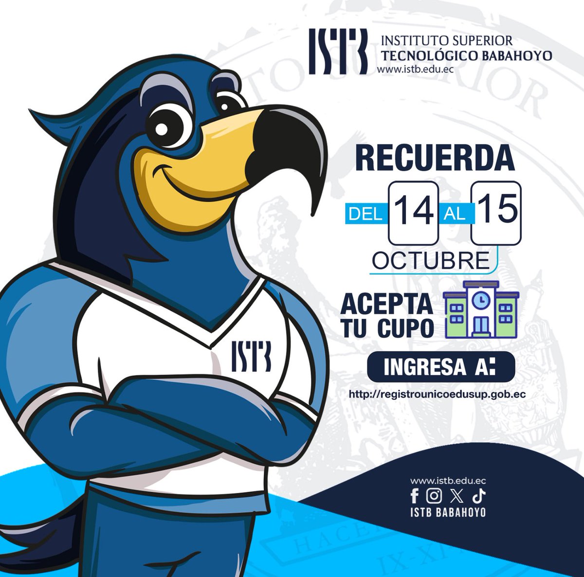 istb_edu's tweet photo. ¡Anota esta fecha en tu agenda! ✍️✍️✍️

🗣️🗣️🗣️ El sábado 14 y domingo 15 de octubre del 2023 se realizará la fase de aceptación de cupo en la página https://t.co/Ie8w1nIu3B 

¡Acepta tu cupo en el ISTB y sumérgete en el fascinante campo de la formación técnica y tecnológica! https://t.co/tyyv6hZwBo