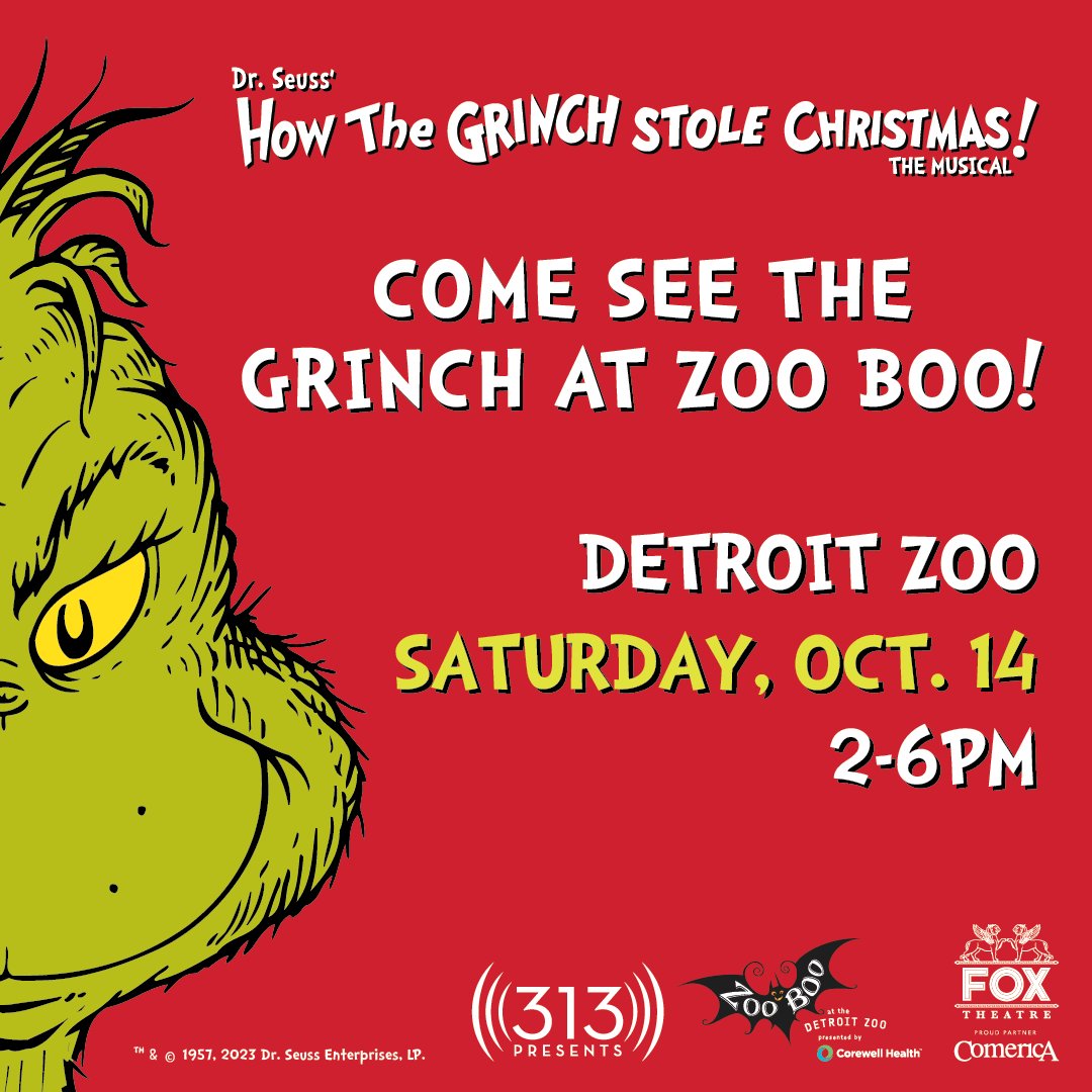 Mark your 📆! The Grinch will be on-site at Zoo Boo at the @detroitzoo this Saturday from 2-6PM! Learn more: zooboo.detroitzoo.org