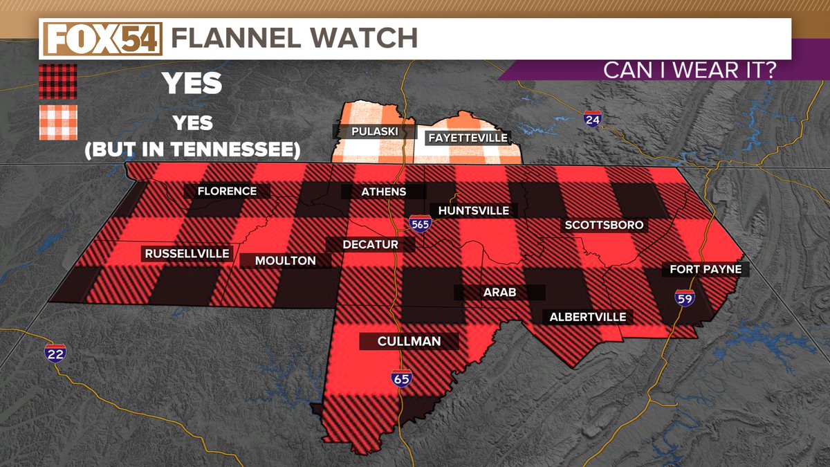 JDressmanWX's tweet photo. Given the VERY cool temperatures starting Sunday, a Flannel Watch has been issued for the entire Tennessee Valley. #FlannelWatch #FOX54 #FOX54WX https://t.co/cSOvy4qj5b