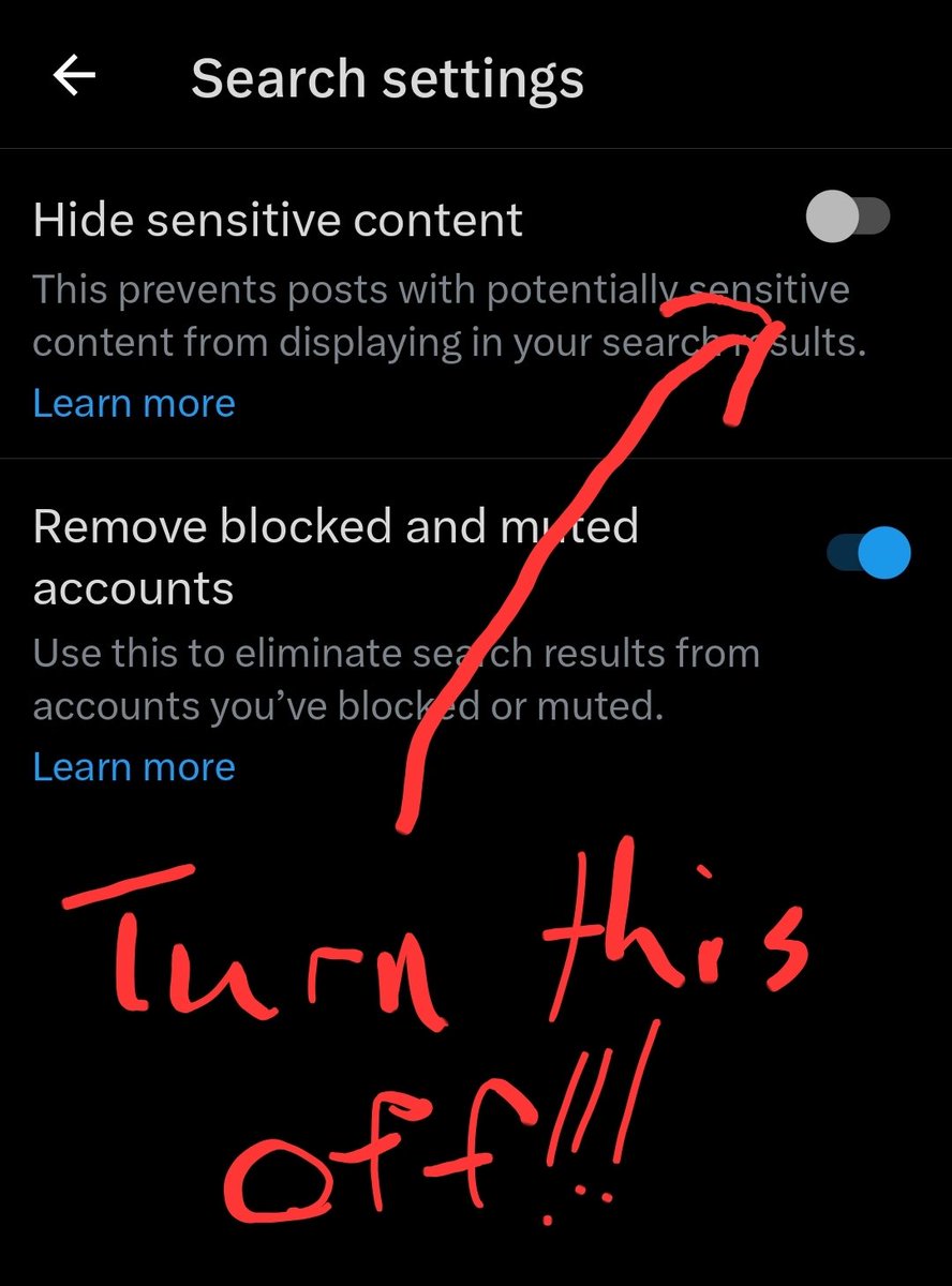KettleworksAI's tweet photo. ⚠️🚨PLEASE REPOST! GET THE WORD OUT!🚨⚠️

I might have found the culprit of why my reach has been so limited.

X recently turned this on automatically. I thought it was a little weird that all of a sudden, my reach was nominal. I wasn't even able to see my mutual's stuff either.

To shut this down:

Sidebar > Settings and Privacy > Privacy and Safety > Content You See > Switch On: Display media that may contain sensitive content > Search settings > Switch Off: Hide Sensitive Content

Its kinda redundant that we have two different levers to block our kind of content, but i guess we have to play Elon's game his way.