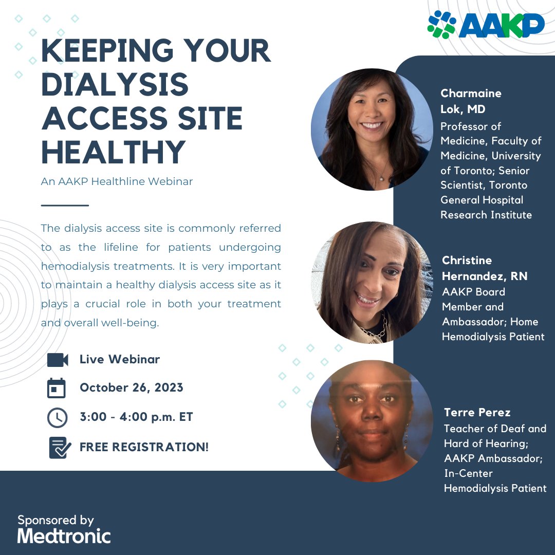 American Association of Kidney Patients (@kidneypatients) on Twitter photo REGISTER for our upcoming Healthline webinar on keeping your dialysis access site healthy! Hear from <a href="/charmaine_lok/">Charmaine Lok</a>, MD, and hemodialysis patients who will provide valuable insights on how to effectively care for your access site.
Register for free ➡️ bit.ly/46HqDj1 REGISTER for our upcoming Healthline webinar on keeping your dialysis access site healthy! Hear from <a href="/charmaine_lok/">Charmaine Lok</a>, MD, and hemodialysis patients who will provide valuable insights on how to effectively care for your access site.
Register for free ➡️ bit.ly/46HqDj1
