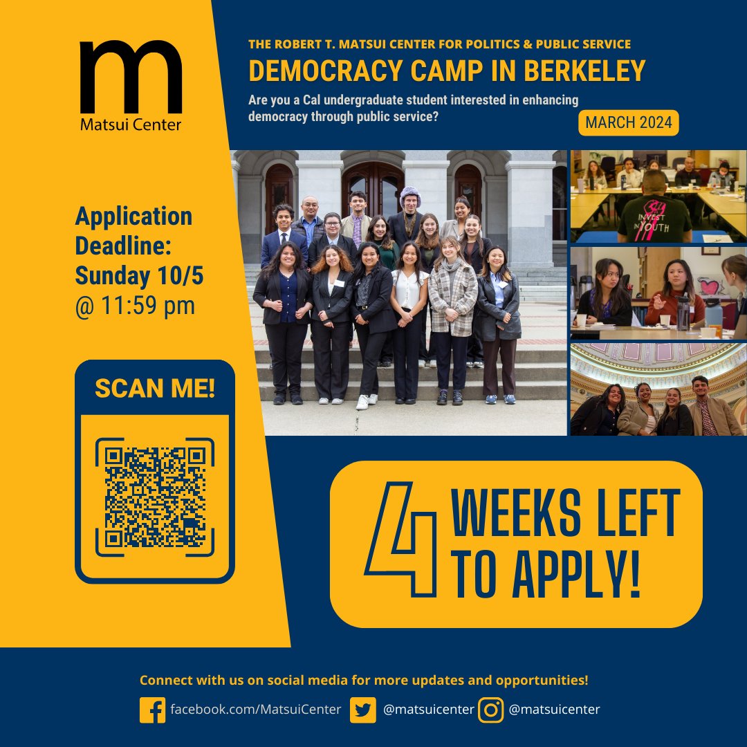 Democracy Camp in Berkeley is the Matsui’s Center’s 4-day spring break program designed for students interested in futures pursuing public service careers at a local or state level. Start your application today to join our welcoming, service-minded community!