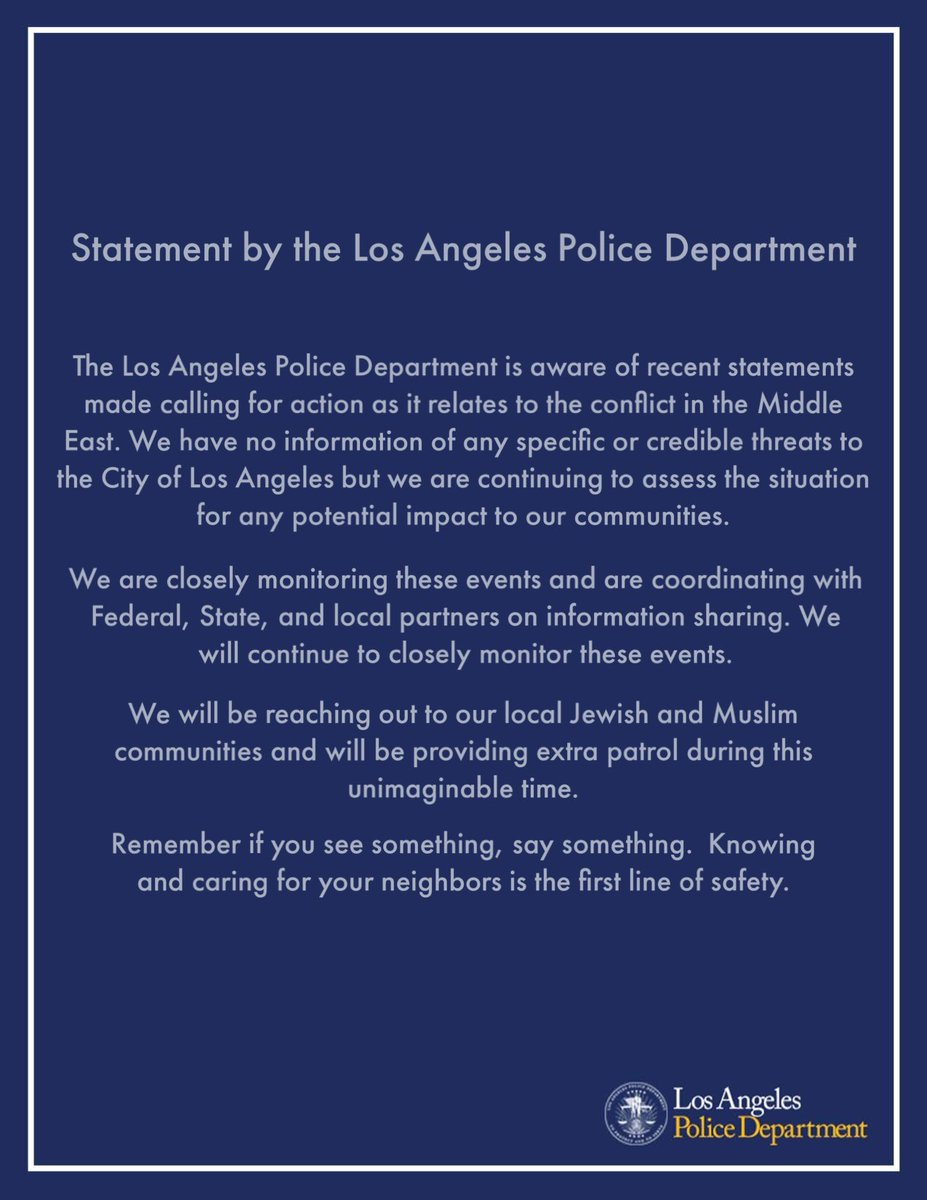 LAPDHQ's tweet photo. Response to Statements Made Regarding Conflict in the Middle East https://t.co/Fmd752nMfL