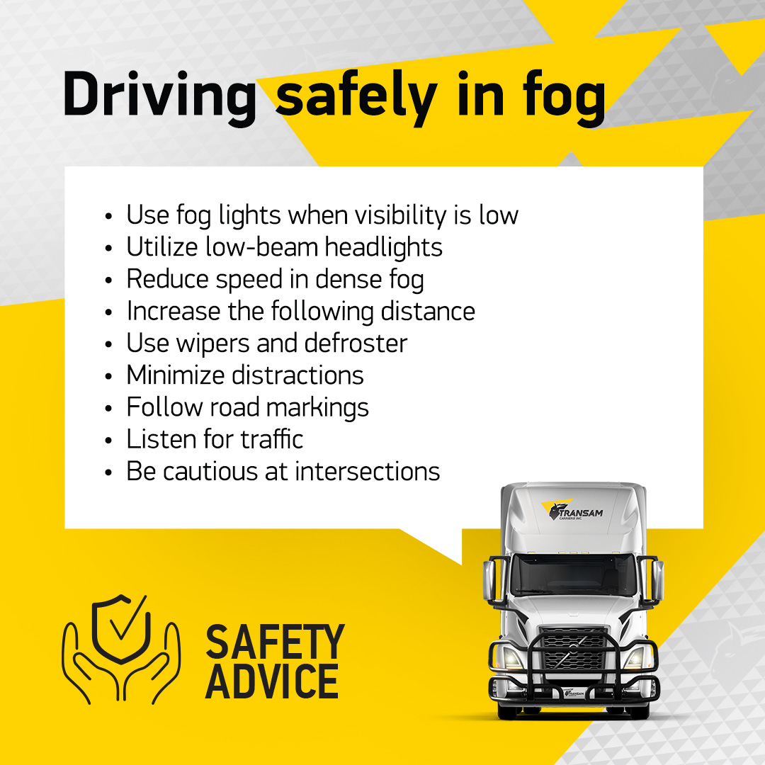 TransamCarriers's tweet photo. Here are our tips for truck drivers driving in fog. Remember that fog can reduce visibility to near zero, so if conditions become too hazardous, it's best to find a safe place to pull over and wait for the fog to dissipate. 
#drivinginfog #tcisafetyadvice #safetytips https://t.co/hhJ3hUdXj8