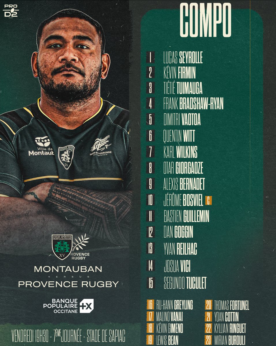 UsmSapiacRugby's tweet photo. ๐๐ฎ ๐๐ผ๐บ๐ฝ๐ผ โ
Dรฉcouvrez la compo pour cette 7รจme journรฉe de @rugbyprod2 ! ๐คฉ
๐
13/09
โ๏ธ 19H30
๐ Stade de Sapiac
๐ @provencerugby
https://t.co/7zdlLpgrft
#AllezSapiac #USMPRO #LaCompo https://t.co/DmKFi5fKiJ