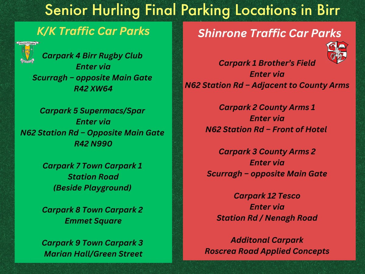 Offaly_GAA's tweet image. 🅵🅾́🅶🆁🅰 : 𝗔𝗹𝗹 𝘀𝘂𝗽𝗽𝗼𝗿𝘁𝗲𝗿𝘀 𝗮𝘁𝘁𝗲𝗻𝗱𝗶𝗻𝗴 𝘁𝗵𝗲 𝗦𝗲𝗻𝗶𝗼𝗿 𝗛𝘂𝗿𝗹𝗶𝗻𝗴 𝗙𝗶𝗻𝗮𝗹 𝗶𝗻 𝗕𝗶𝗿𝗿 𝗼𝗻 𝗦𝘂𝗻𝗱𝗮𝘆 𝗽𝗹𝗲𝗮𝘀𝗲 𝗻𝗼𝘁𝗲:

𝙏𝙧𝙖𝙛𝙛𝙞𝙘 𝙖𝙥𝙥𝙧𝙤𝙖𝙘𝙝𝙞𝙣𝙜 𝙂𝙧𝙖𝙣𝙩 𝙃𝙚𝙖𝙩𝙞𝙣𝙜 𝙎𝙩. 𝘽𝙧𝙚𝙣𝙙𝙖𝙣’𝙨 𝘽𝙞𝙧𝙧  𝙬𝙞𝙡𝙡 𝙝𝙖𝙫𝙚…