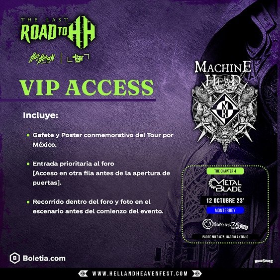 Horarios de Machine Head hoy en el <a href="/nandas78bar/">Nandas78Bar</a> de #Monterrey

Puertas: 7 PM
Metal Blade: 8 PM
Machine Head: PM

Venta de boletos en taquilla del Nandas y <a href="/boletia/">Boletia</a> 

…chapter4-12oct23-roadtohh.boletia.com

#MachineHead #RoadtoHH
