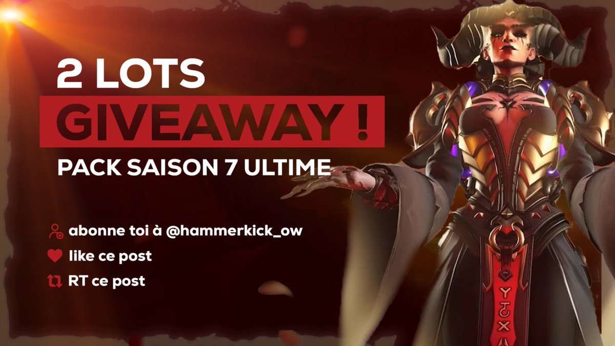 HammerKick_OW's tweet photo. 🎁 JEU CONCOURS ! #Concours #Giveaway

J'ai 2 codes du Pack Saison 7 Ultime d'Overwatch 2 à vous faire gagner !  Pour participer :

- Suivre @HammerKick_OW
- Like &amp; RT ce post 
Tirage au sort le 20 octobre

Merci @OverwatchEU pour les cadeaux ! Bonne chance tout le monde !✌️ https://t.co/pzjGiv4OBC