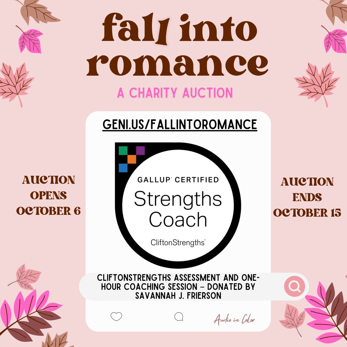 Get support and give support to the Fall into Romance charity auction for Audio in Color, a nonprofit helping authors of color create their first self-published audiobook. Ends Sunday, October 15, 2023.

Auction link: openmylink.in/FallintoRomanc…

Item link: openmylink.in/FallIntoRomanc…
