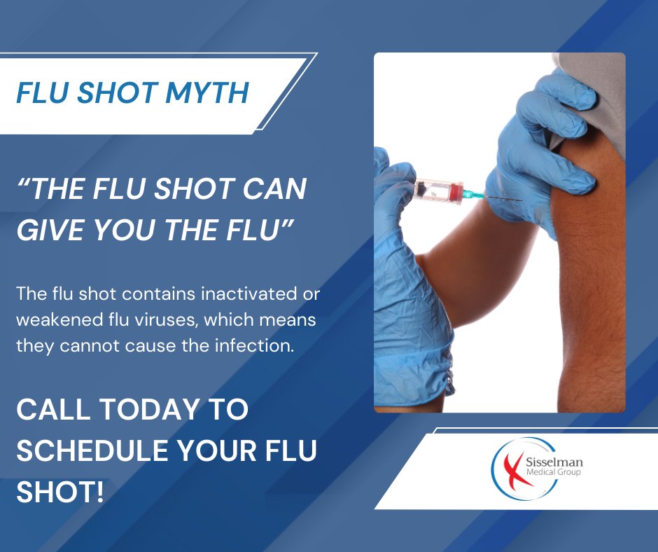 Sissmedgroup's tweet photo. Let's bust a myth! The flu shot will give you the flu – False! It contains inactivated viruses. Protect yourself and others. Schedule your flu shot appointment today via our website. Stay healthy this season! #FluShotFacts #StayHealthy
 
https://t.co/FA30B1t5d1 https://t.co/eMbBQmaglB