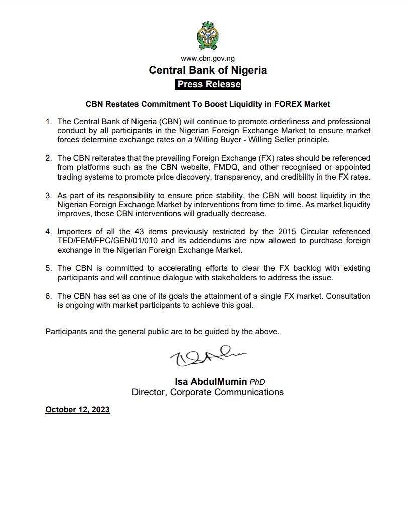 cenbank's tweet image. Press Release: CBN Restates Commitment To Boost Liquidity in FOREX Market...ow.ly/UJ9G50PW7g4