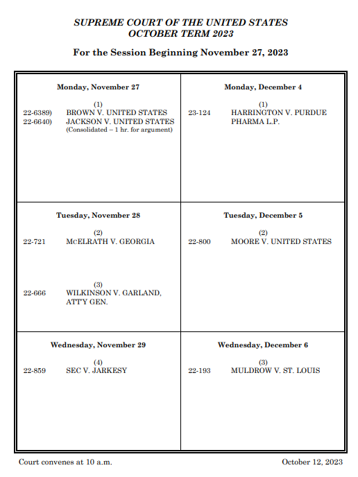 Scotus Dec. argument calendar is out, w/ Purdue Pharma bankruptcy & SEC admin law judges. But no Loper Bright (challenging Chevron deference to administrative agencies). Odds looking good for grant of a companion case (and maybe a Feb argument) so all 9 justices can take part.
