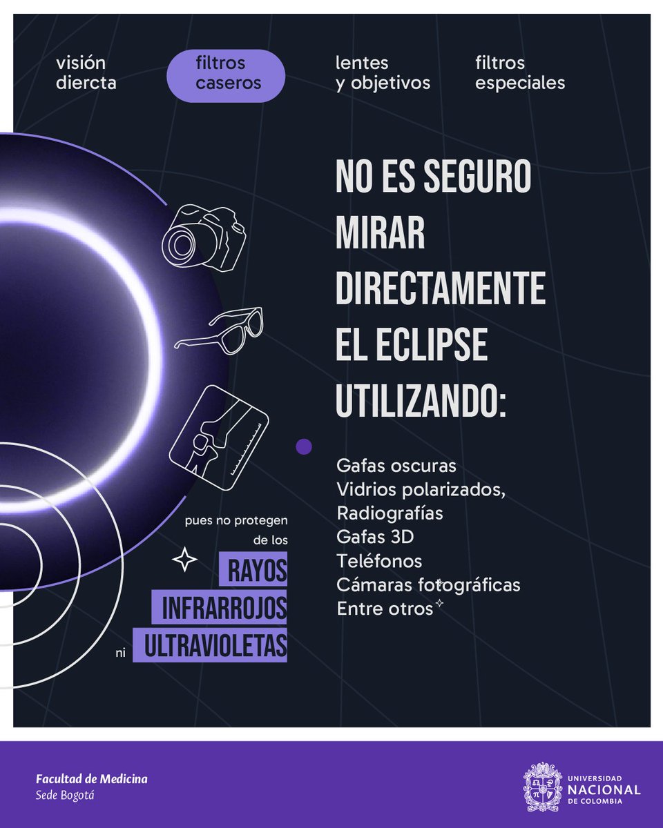 MedicinaUNAL's tweet photo. ¿Estás preparado?
Ya casi es hora de que podamos disfrutar del eclipse parcial de sol de este 14 de octubre; sin embargo, es importante que sigas las siguientes recomendaciones para que cuides tu visión del sol.
@sectorsalud
#EclipseSinRiesgos #Eclipse #Visión #EclipseSeguro https://t.co/VLV30ZKQI5