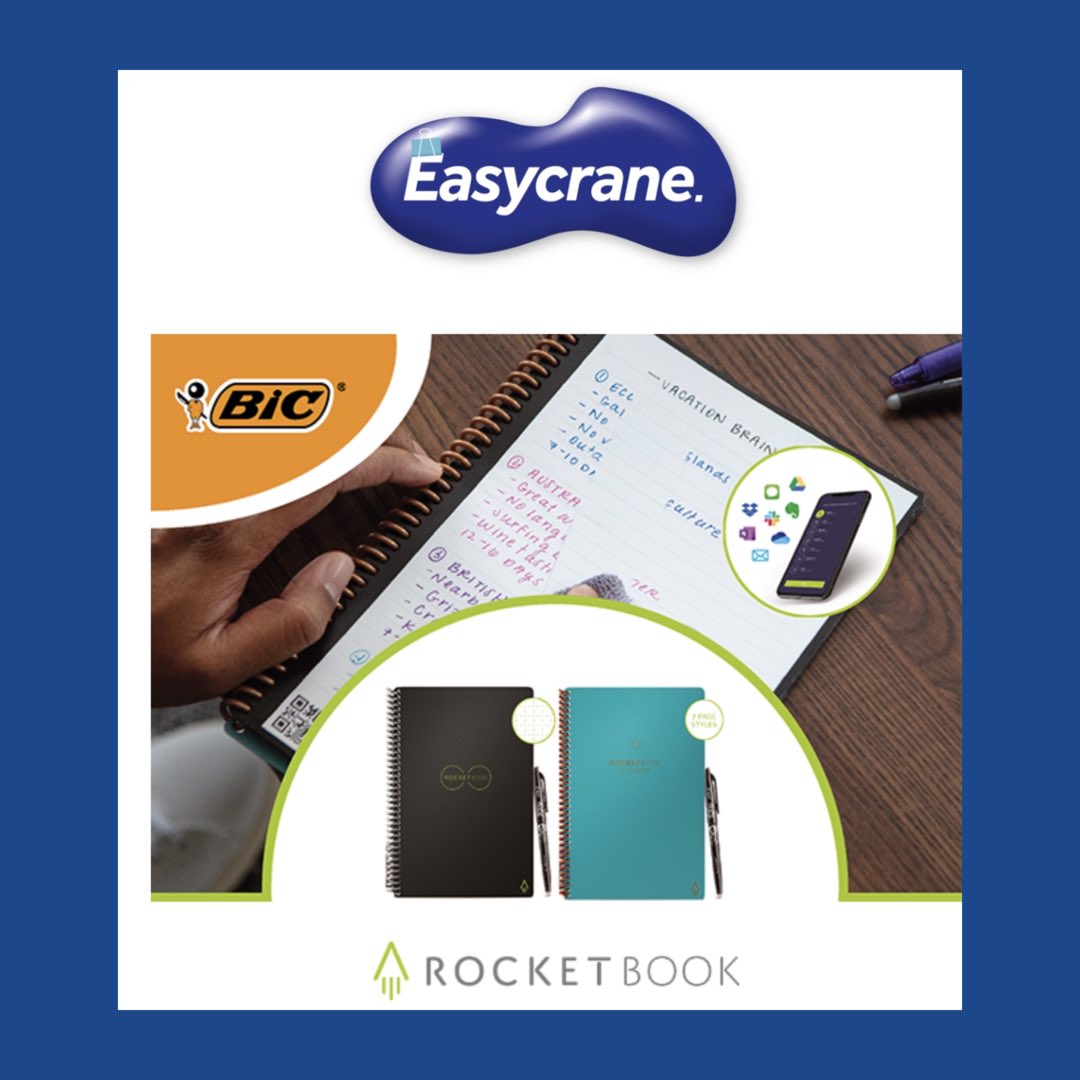 easycrane's tweet photo. It feels like a traditional notebook but it connects your notes to your favourite Cloud services thanks to the Rocketbook app. Simply add a drop of water to a cloth and erase your notes like magic. Save your notes. Save the planet🙏🏻

Order - https://t.co/fA43tK7zlv https://t.co/g6zYRDWdfZ