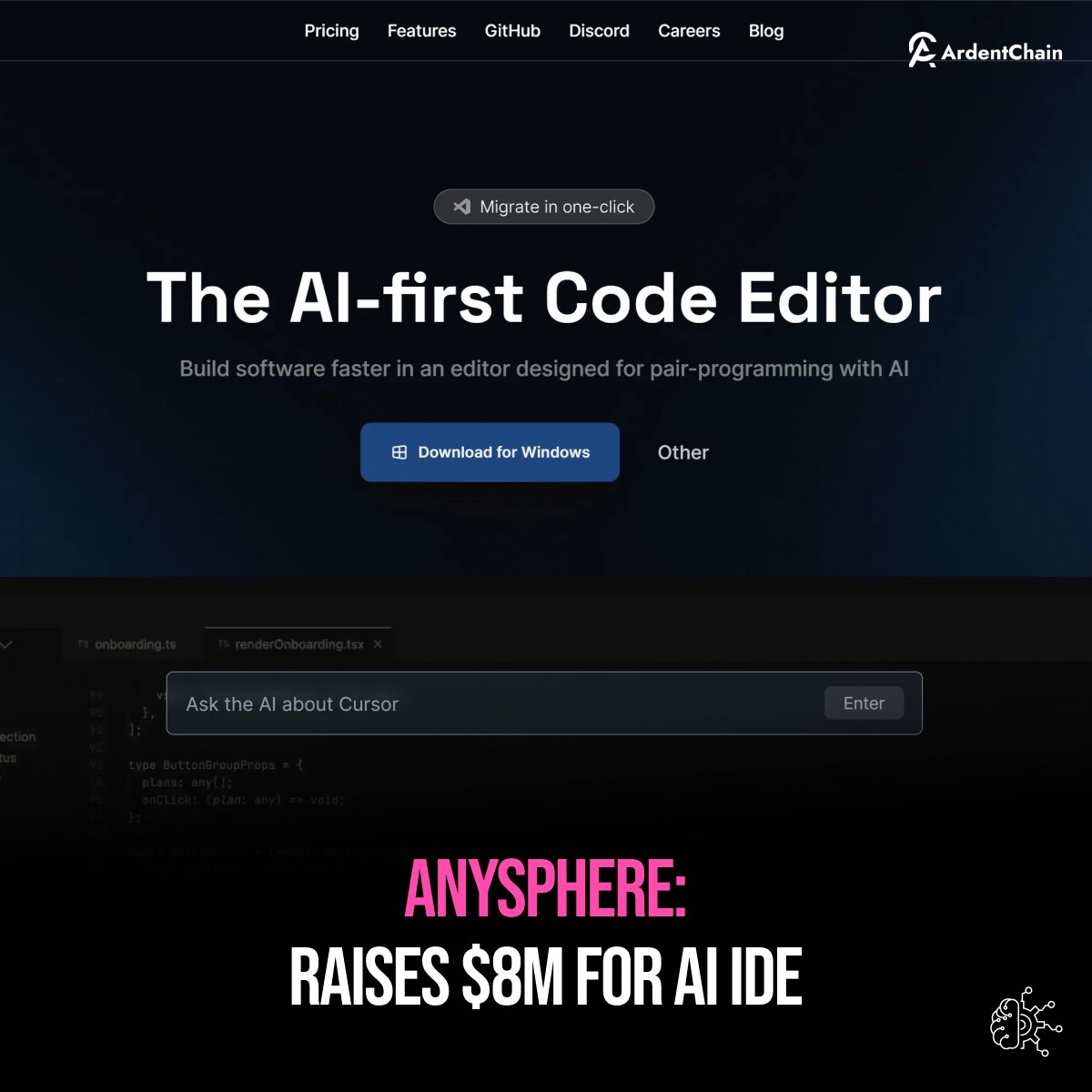 ArdentChain's tweet photo. Upgrade from #VScode with #Cursor, the AI-first Code Editor. Generate code effortlessly, spot bugs easily. Backed by $8M seed funding from OpenAI's Startup Fund, powering AI and machine learning research!
@anysphere
#Cursor #Anysphere #AICodeEditor #OpenAI #EnhancedDevelopmen https://t.co/xiYuhJz5g4