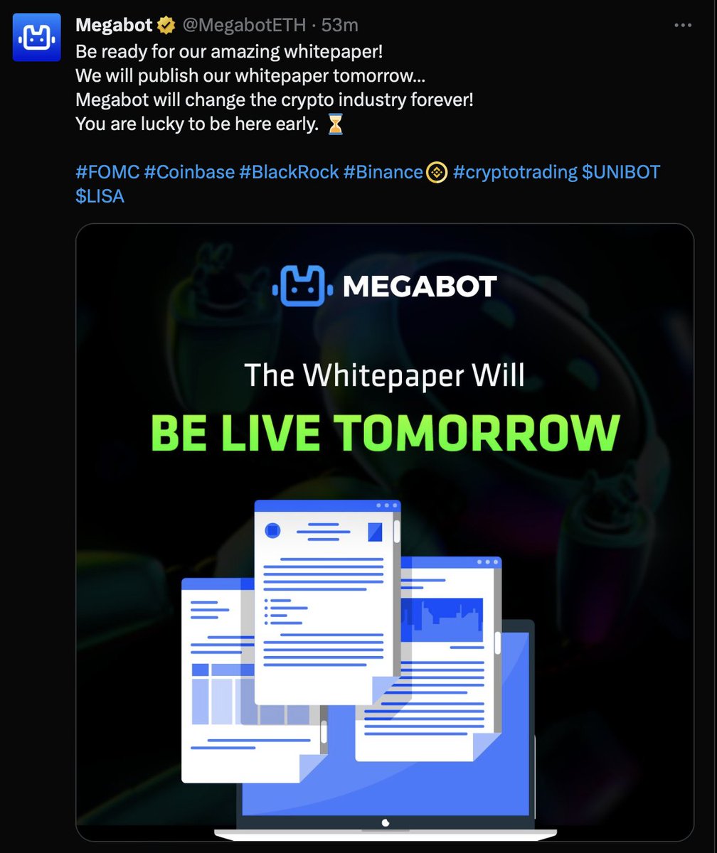 giovit74's tweet photo. Do you want something big? something new?
Keep your eyes on @MegabotETH !!
The first AI trading bot. Stealth launch is coming SOON
White-paper will be live tomorrow 
Many eyes on it 

$LISA $UNIBOT $LOOT $BANANA $CROCO $FINE $WSM https://t.co/LUdNPJ9jfG